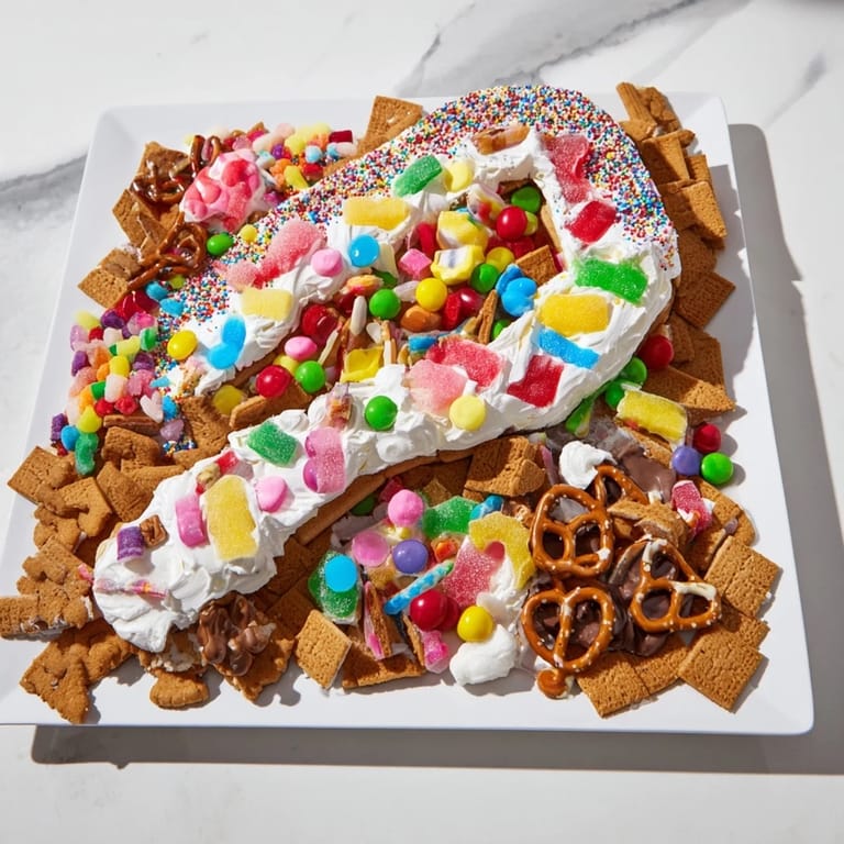 A festive Candy Land Gingerbread Path dessert board with vibrant candies and gingerbread cookies.