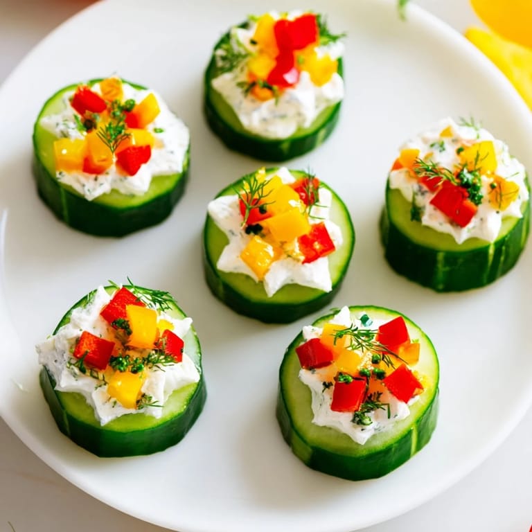 Zesty Holiday Star Cucumber Bites with creamy cheese, colorful toppings, and refreshing cucumber slices.