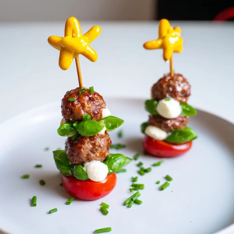 Warm mini meatball Christmas trees with juicy cherry tomatoes and basil, perfect for holiday appetizers.