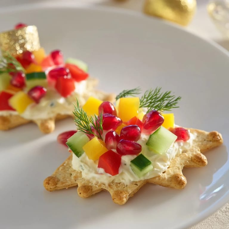 Vibrant image of holiday ornament cracker toppings with diverse veggie toppings; a delicious vegetarian appetizer to serve.