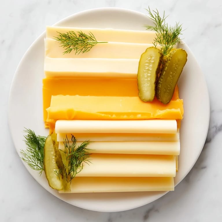 *   Einladende Ansicht von Dill-Pickles und Käse, garniert mit Dill, ideal für ein unkompliziertes Party-Tablett.