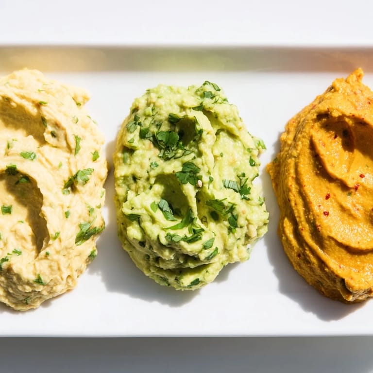 A platter of Dip Trio, an artistic appetizer with vibrant green, red, and yellow colors.
