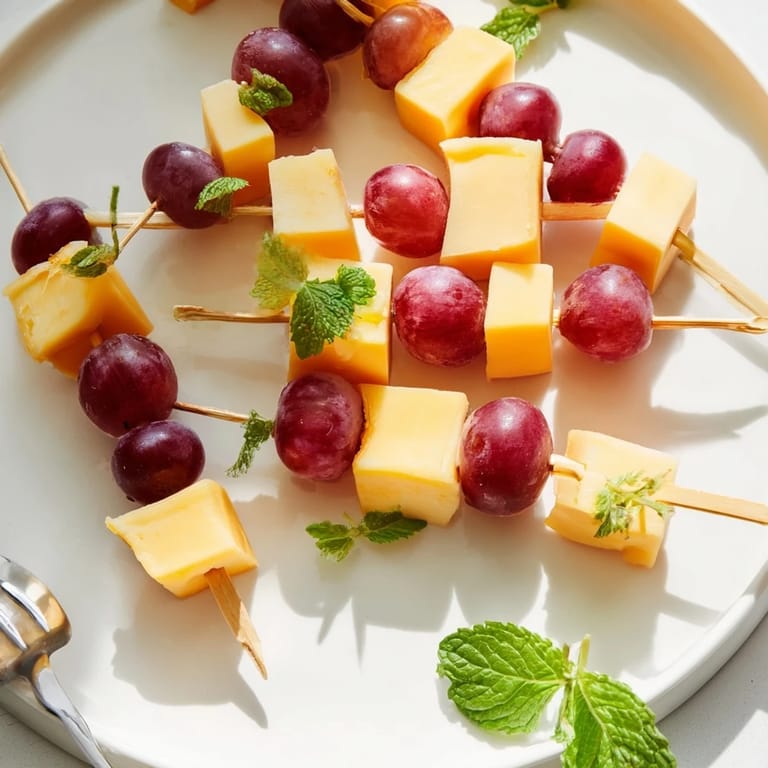 Kühle Käse- und Traubenspieße, perfekt für einen leichten Snack, liegen auf einer Servierplatte bereit.