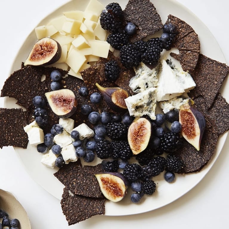 A visually appealing Deep Indigo Midnight Sky cheese board, ready to serve with gluten-free crackers and fruits.