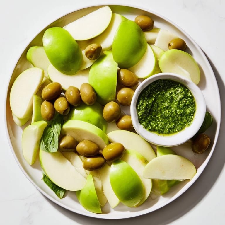Vibrant green "Emerald City" snack board featuring crisp apples, pesto, and zesty limes.