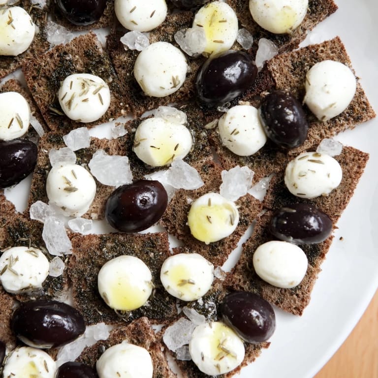 An elegant Black and White Formal Affair appetizer: rye bread, figs, and artful mozzarella arrangement.