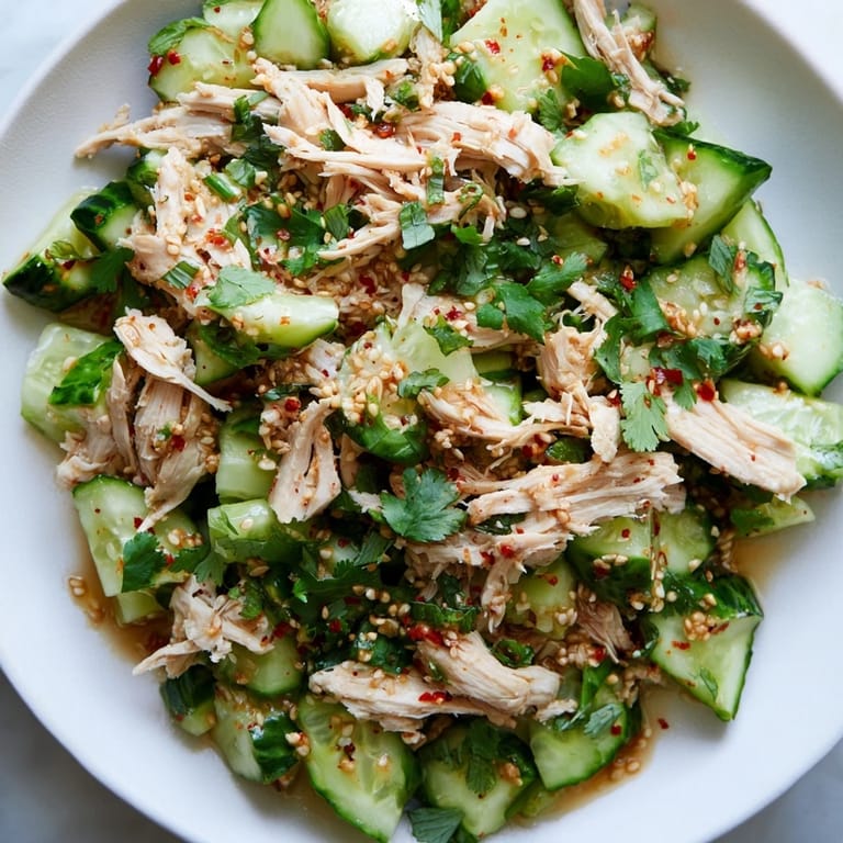 A close-up of Whole Cucumber Logan Salad, showcasing fresh cucumbers and juicy rotisserie chicken.