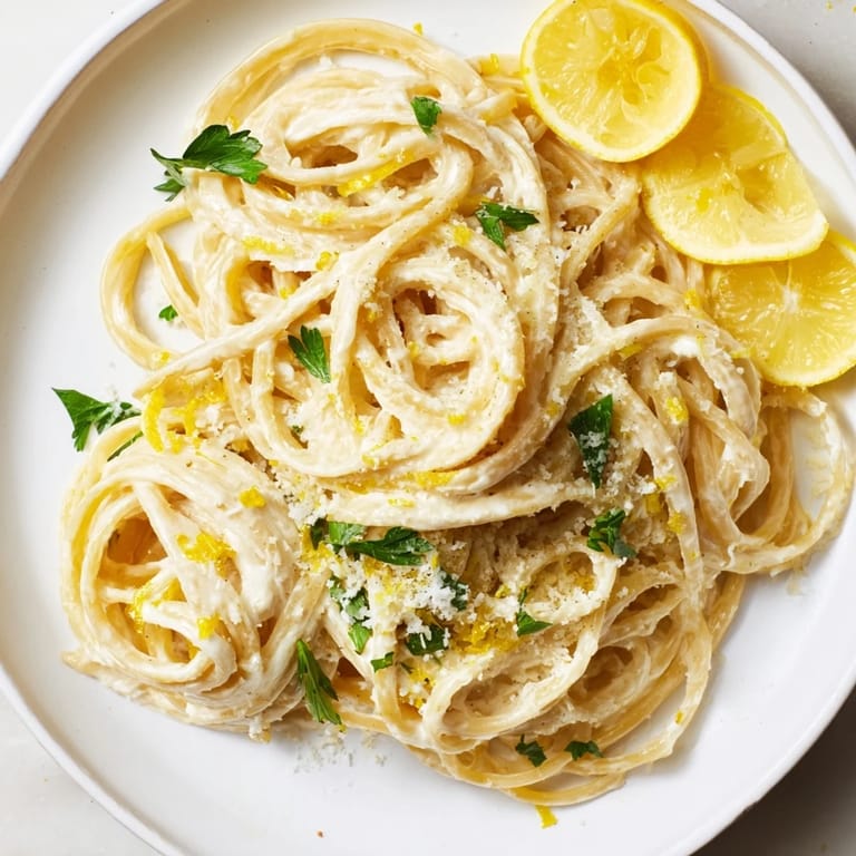 A bowl of Lemon-Garlic Greek Yogurt Pasta, perfectly coated and ready for a delicious meal.