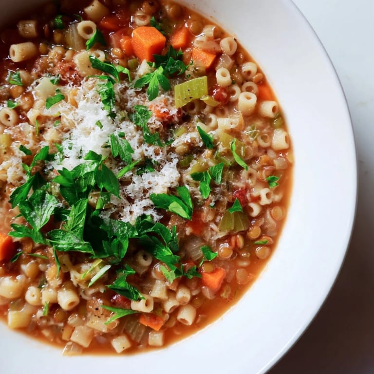 Close-up of a steaming, hearty Ditalini and Lentil Soup, perfect for a cold evening.