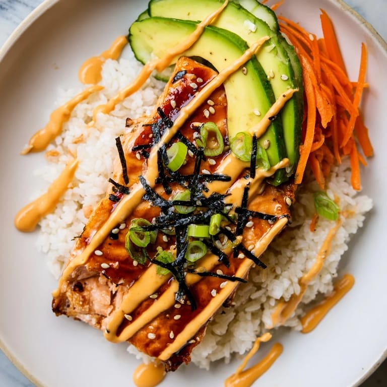 Flaky teriyaki salmon rice bowl with sriracha mayo, a flavorful, tempting comfort food serving.