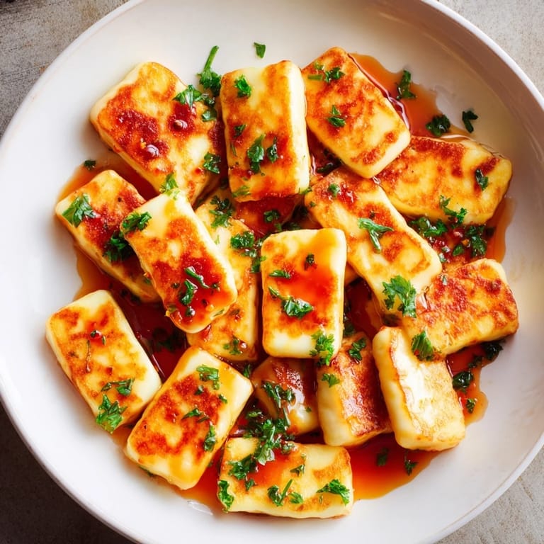 Gegrilltes Halloumi-Käse-Rezept mit schmackhaftem, scharfem Honig, garniert mit frischer Petersilie und Zitrone.