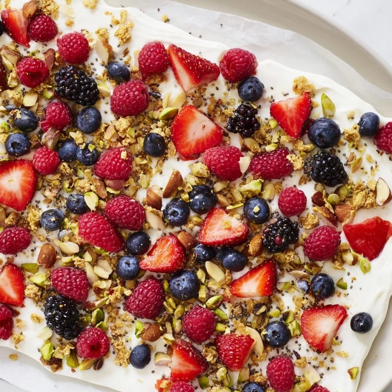 Vibrant frozen fruit yogurt bark, showing fresh berries and nuts, a delightful summer dessert.