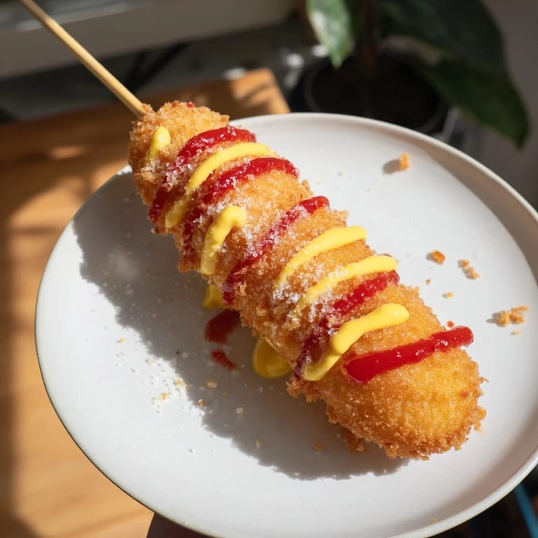 A close-up shot of hot fried Cheesy Korean Corn Dogs, perfect for sharing.