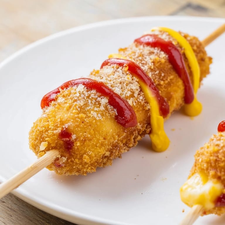 Irresistible, golden-brown Cheesy Korean Corn Dogs, served with ketchup and mustard.