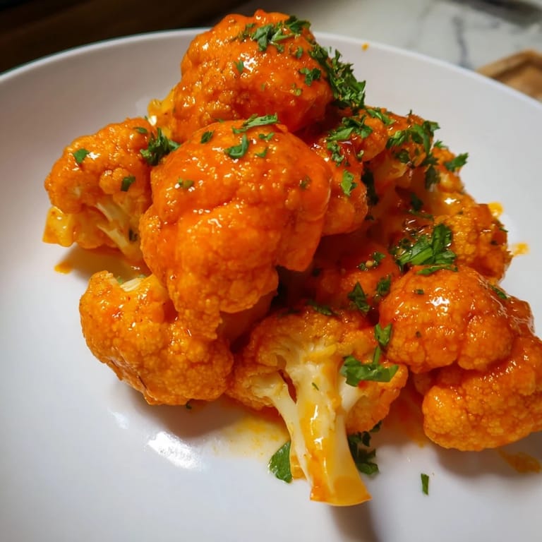 Close-up of baked Buffalo Cauliflower Bites, perfect for game-day snacking, with a drizzle of sauce.