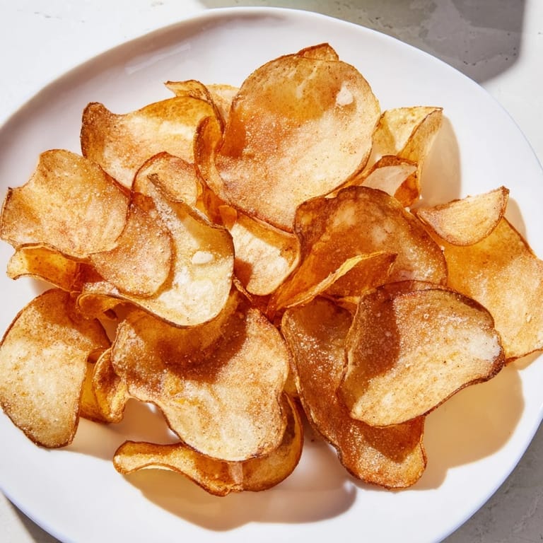 A close-up of perfectly crisp homemade potato chips from the air fryer, a delicious American snack.