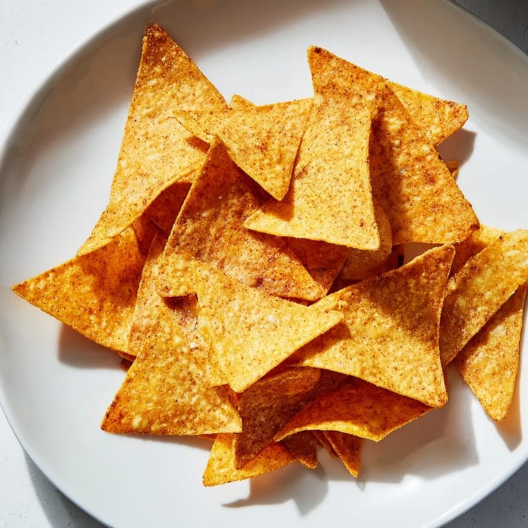Knusprige, goldbraune Homemade Air-Fryer Tortilla Chips, perfekt für einen leckeren Dip-Abend.