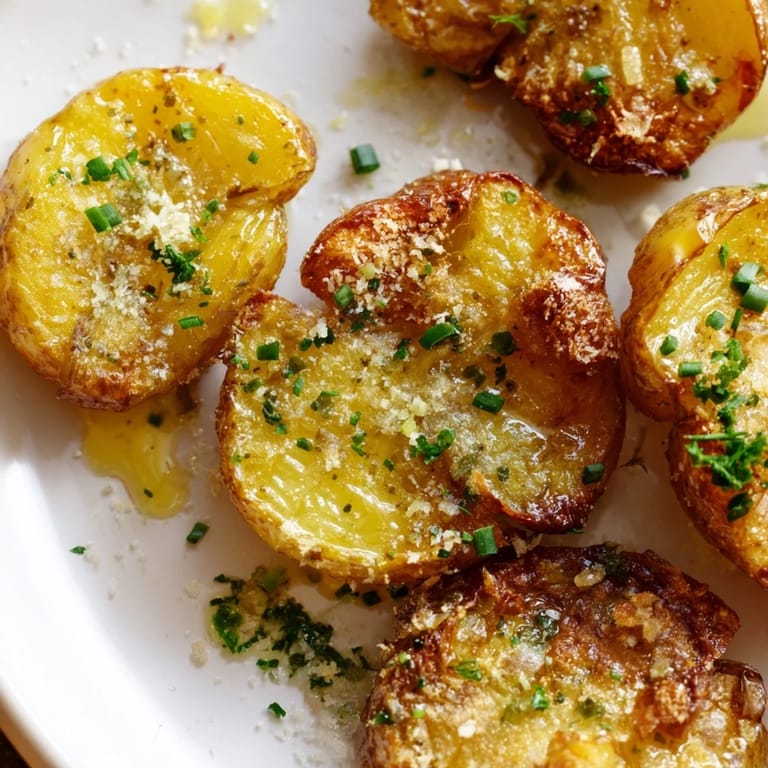 Irresistible garlic-herb Parmesan smashed potatoes, served hot, showing off their golden, bubbly texture.