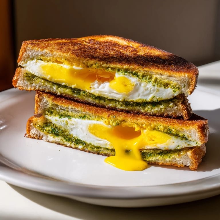 A close-up of a pesto egg grilled cheese sandwich, showing the gooey cheese pulling apart beautifully.