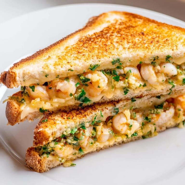 Mouthwatering close-up of a Quick Shrimp Grilled Cheese, ready to be sliced and served hot.