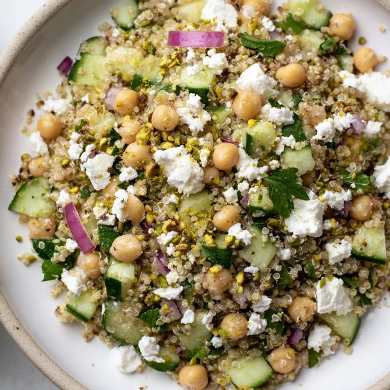 Bright image of the Jennifer Aniston Salad, showcasing refreshing cucumber and crumbled feta cheese with herbs.