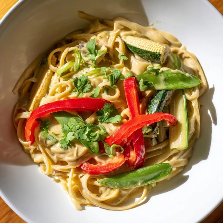 Nahaufnahme der leckeren Thai-Curry-Pasta mit roten Paprika, Zucchini und duftendem Koriander.