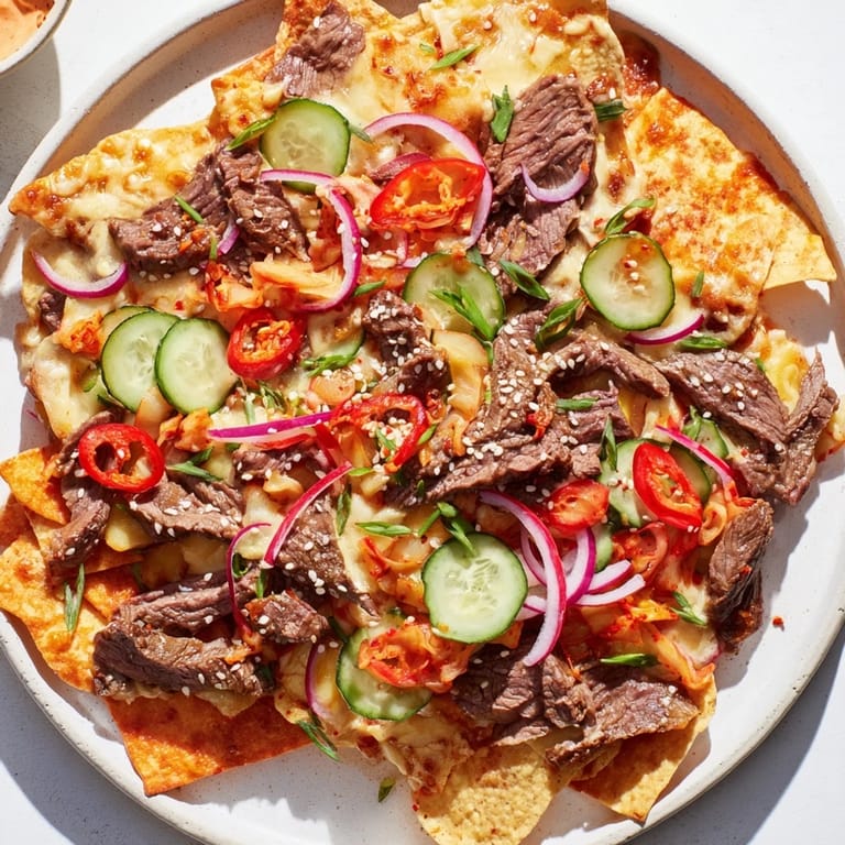 A delicious shareable plate of Korean BBQ Nachos, showcasing crispy chips and flavorful toppings.