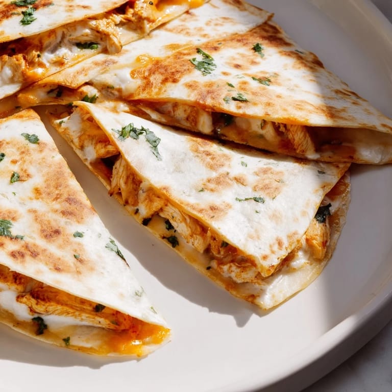 Warm Butter Chicken Quesadilla, filled with spicy chicken and a blend of gooey cheeses.