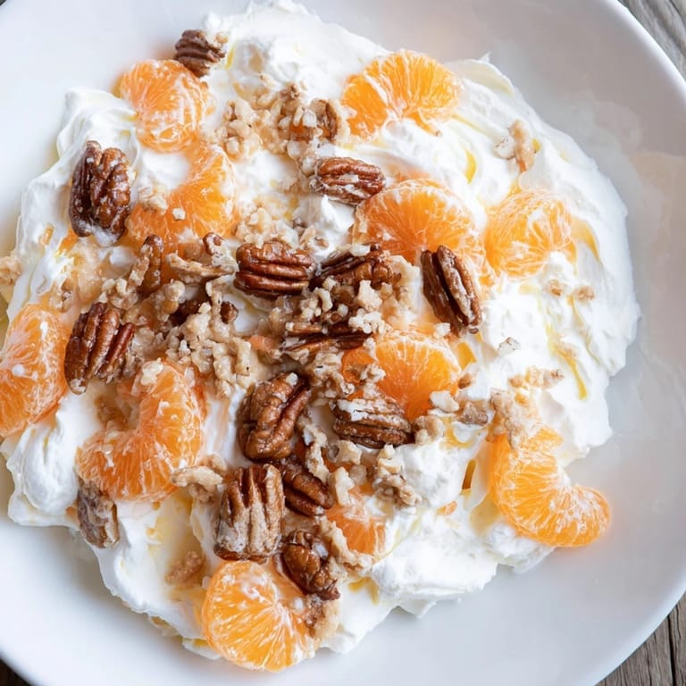 Luscious Elevated Ambrosia Salad, showcasing fluffy marshmallows and toasted pecans, chilled for the perfect dessert.