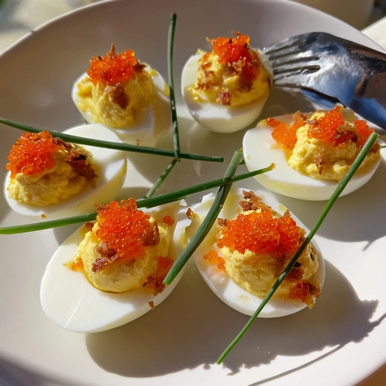 Luxurious deviled eggs with caviar: A close-up shows the creamy filling sprinkled with crispy shallots.