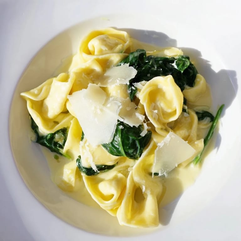 Die warme Spinat-Knoblauch-Nudeln werden mit der Gabel gerührt, wobei sich die cremige Sauce wunderbar zieht.