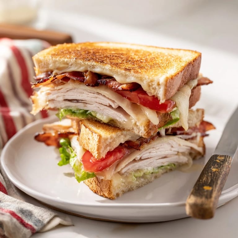 Der leckere Turkey Club Grilled Cheese mit geschmolzenem Käse, saftigem Tomatenbelag und knusprigem Speck, serviert in einer Goldbraunen Sauerteigscheibe.