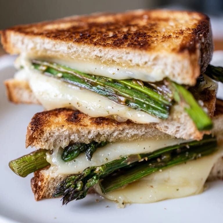 Asparagus & Brie Sandwich liegt neben einer Schale mit Kräutersalat und einer Tasse Tomatensuppe für das Mittagessen.