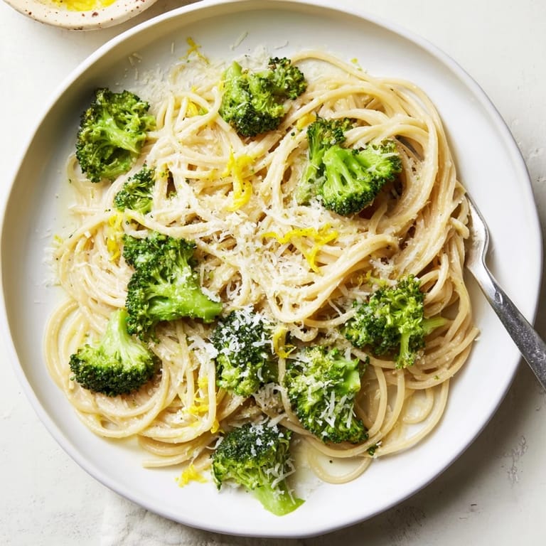 One-Pot Lemon Broccoli Pasta is plated in a shallow bowl, garnished with fresh basil and Parmesan, perfect for weeknight dinners.  