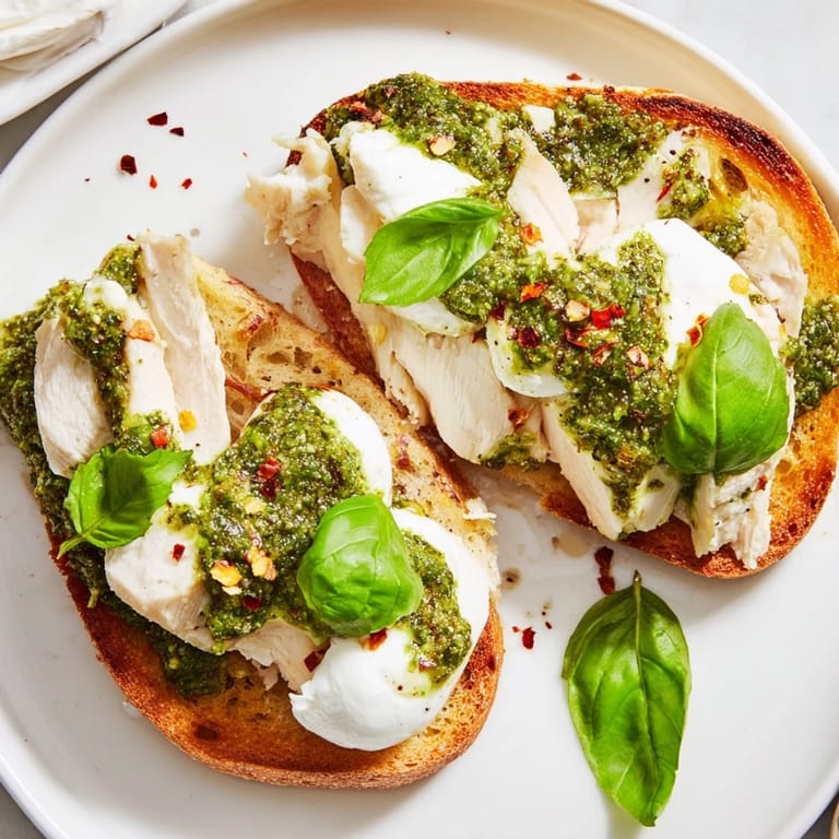 Ein rustikales Pesto Chicken Burrata Toast mit geschmolzener Burrata und Streifen gebratenem Hähnchen auf dem Teller.