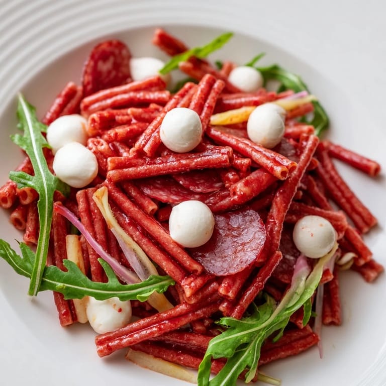Frisch zubereiteter Spring Antipasto Pasta Salad mit roten Zwiebeln, Cherrytomaten und einer hellen, zitronigen Vinaigrette.  