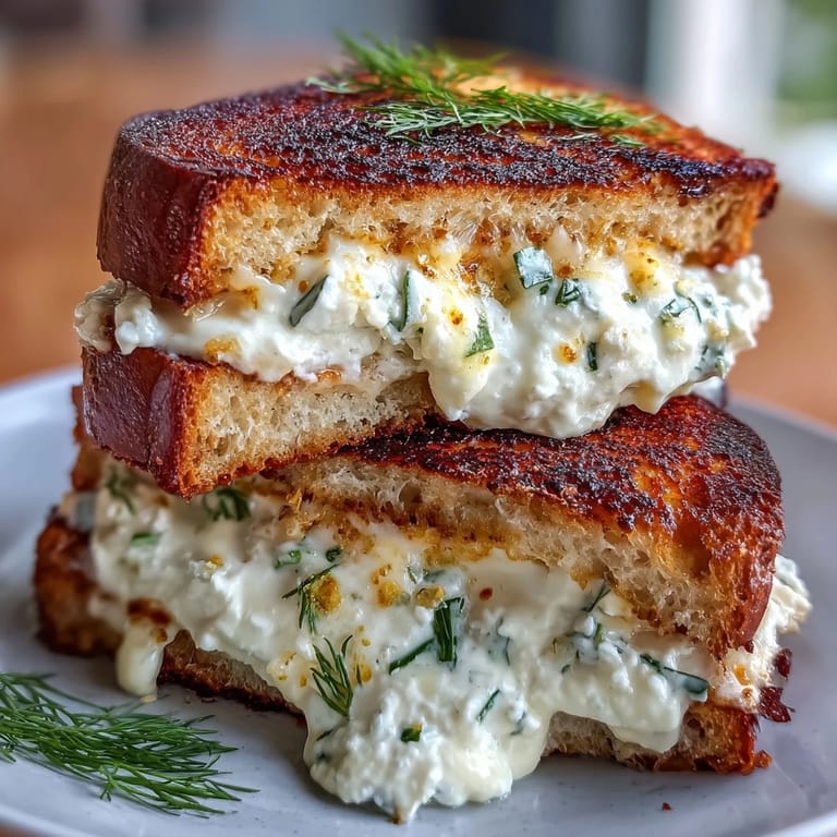 Sonniger Frühlingsgrilled Cheese mit cremiger Feta-Note, frischer Dille und knusprigem Sauerteigbrot.