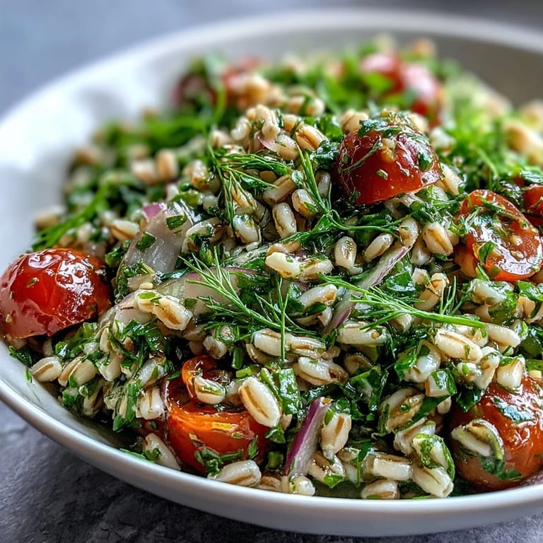 Cool Barley and Herb Salad served chilled, featuring nutty grains, diced cucumber, and fresh dill for a refreshing Mediterranean side dish.