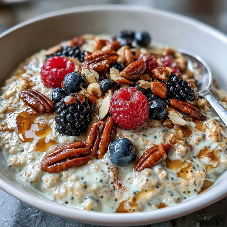 Fresh blueberries, raspberries, and strawberries topped with chopped almonds and chia seeds for a hearty breakfast.