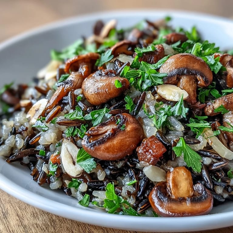 Gedämpftes Wildreis-Pilaw mit gebratenen Pilzen, reichhaltig und aromatisch.