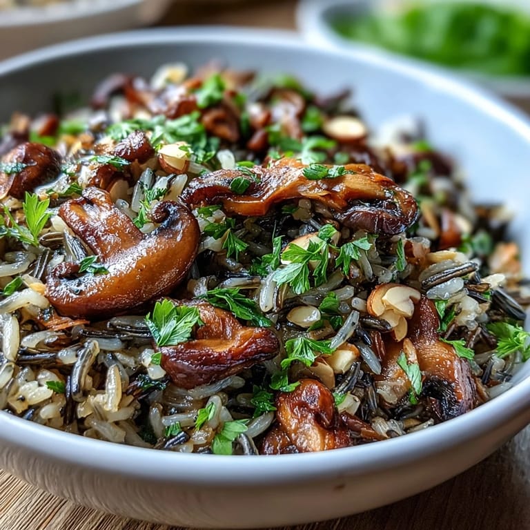 Nussiges Wildreis-Pilaw mit frischer Petersilie und gerösteten Mandeln.