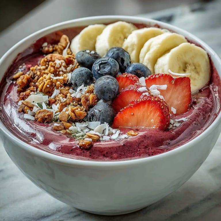 Kreisförmige Acai Berry Smoothie Bowl mit cremiger Basis und knackigen Toppings, ideal für gesunde Snacks.