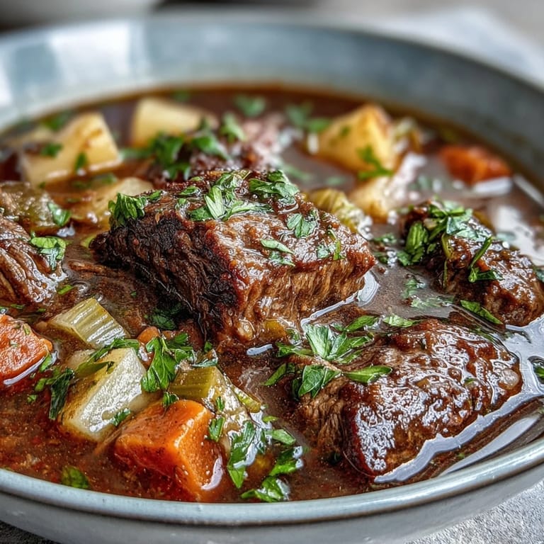 Frisch gekochtes Beef and Vegetable Soup mit Karotten, Kartoffeln und grünen Bohnen, garniert mit Petersilie.