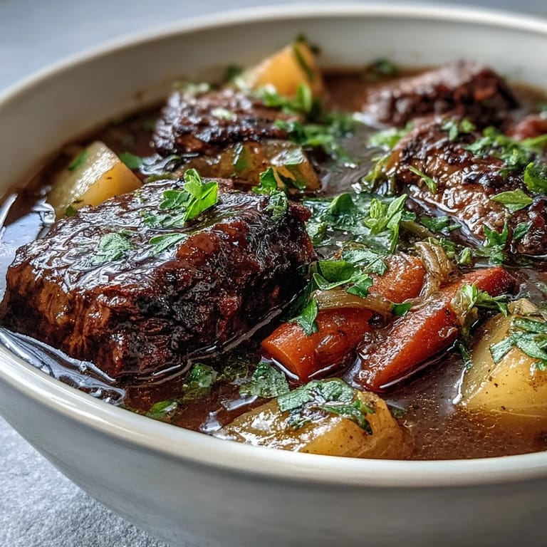 Herzhaftes Beef and Vegetable Soup mit kräftiger Brühe und saftigem Gemüse, perfekt mit frischem Baguette.