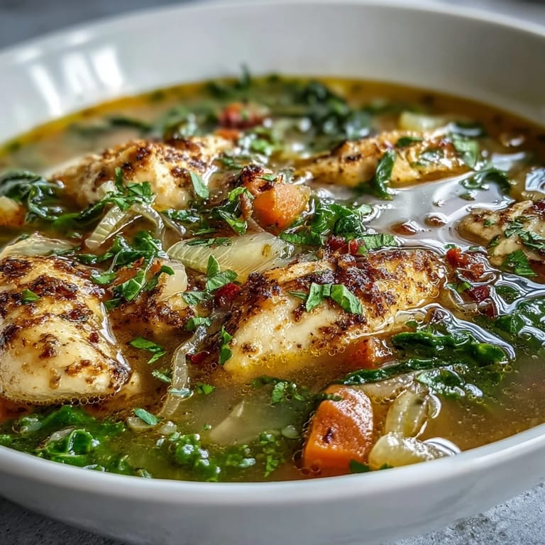 Löffel mit gelber High Protein Lemon and Turmeric Chicken Soup, Zitronenscheibe und Kräutern auf rustikalem Teller