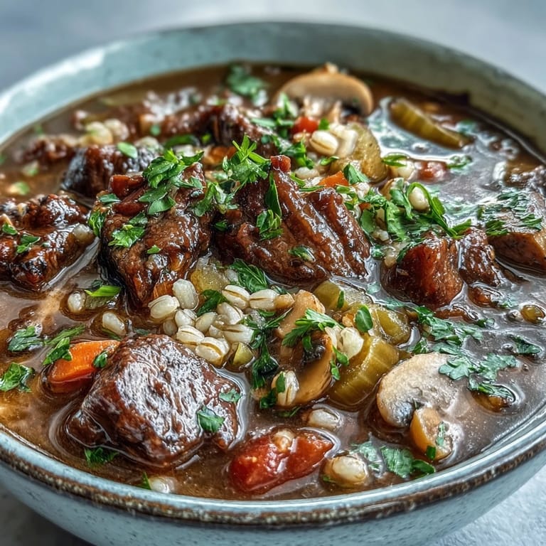 Köstliche Vegetable Beef, Barley, and Mushroom Soup dampft im Topf mit Karotten, Sellerie und Petersilie garniert