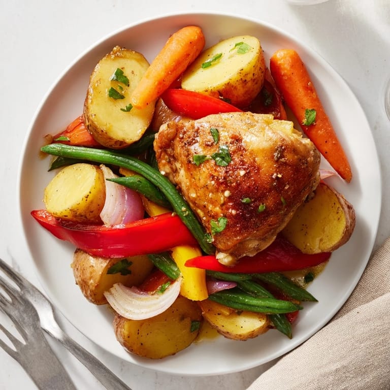 Leckere deutsche Hühnchen- und Gemüseplatte, ideal für Familienessen mit Freunden.