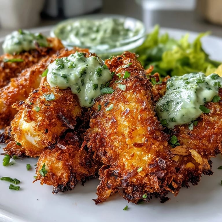 Frisch gebackene Haddock-Goujons mit parmesanüberzogener Kruste, begleitet von einer cremigen Erbsen-Pesto und einem spritzigen Zitronenakzent.