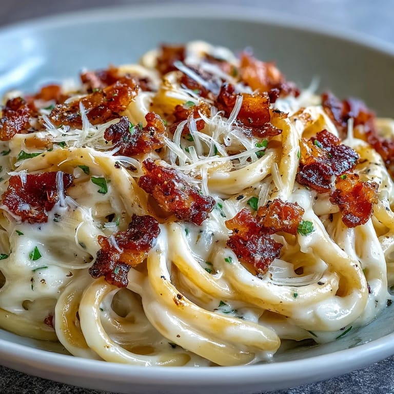 Gericht der Celeriac Carbonara mit goldenen Nudeln und frisch geriebenem Parmesan.