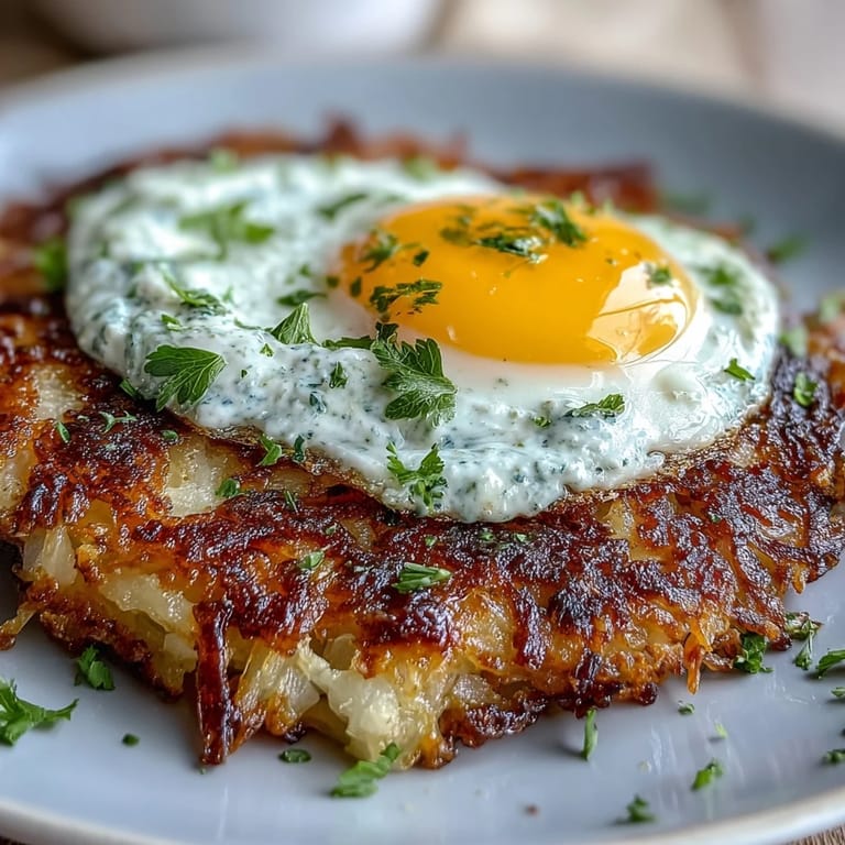 Frisch gebackene Celeriac-Rösti mit knuspriger Kruste, verfeinert mit scharfer Harissa-Joghurt-Sauce und einem cremigen Spiegelei im sonnigen Brunch-Licht.